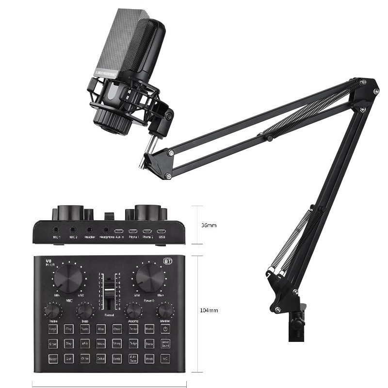 Hot sales Desktop Stand Live Stream Studio Recording  Audio Mixer sound card v8 plus set condense wired microphone