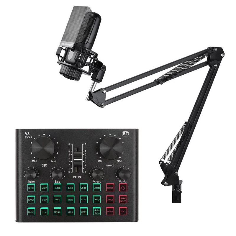 Hot sales Desktop Stand Live Stream Studio Recording  Audio Mixer sound card v8 plus set condense wired microphone