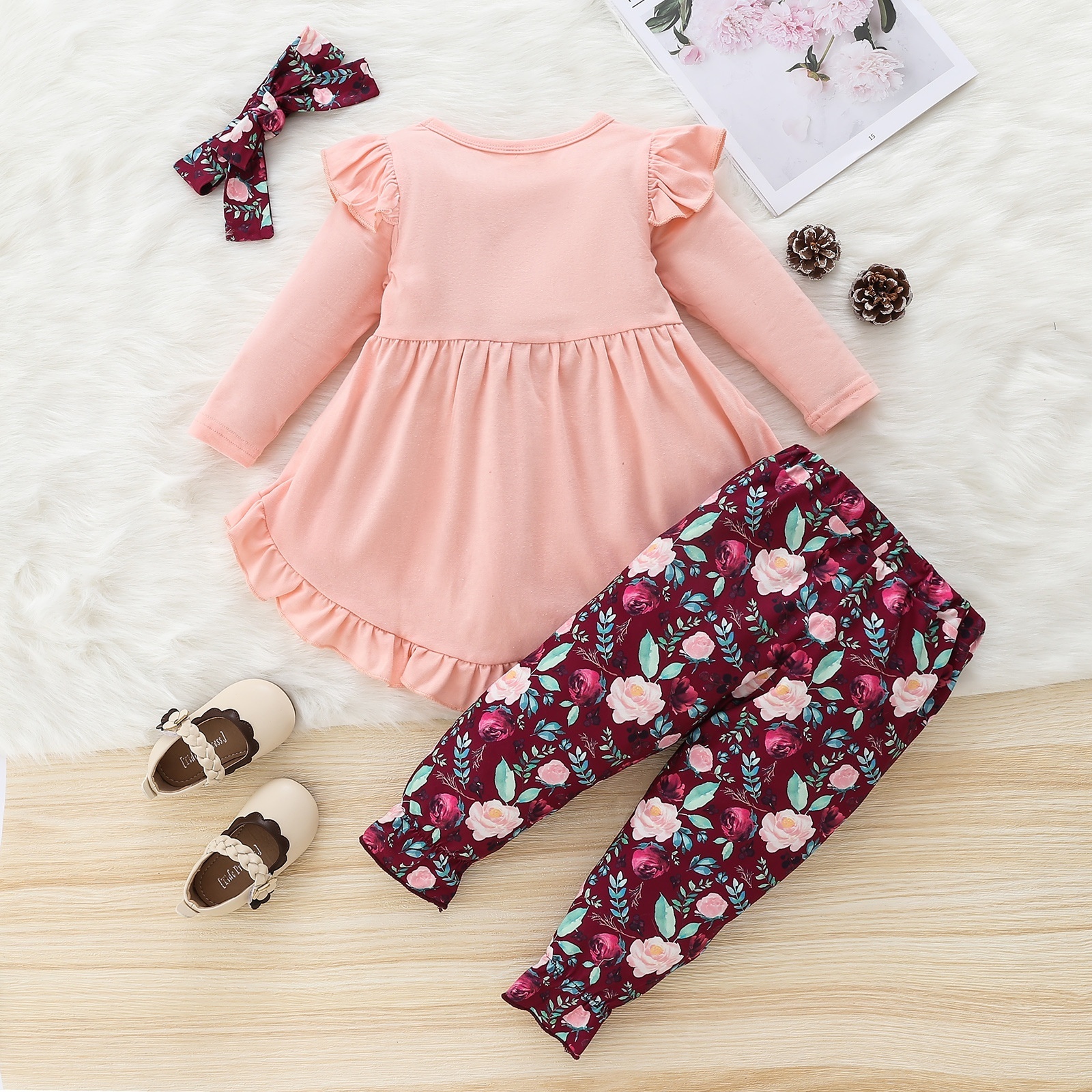 Pink top smocked children clothing kids floral sets wholesale fall girls boutique clothing