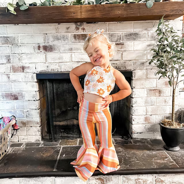 Children Three Piece Hippie Bohemian Style Toddler baby bell bottoms and halter top toddler girls clothing sets