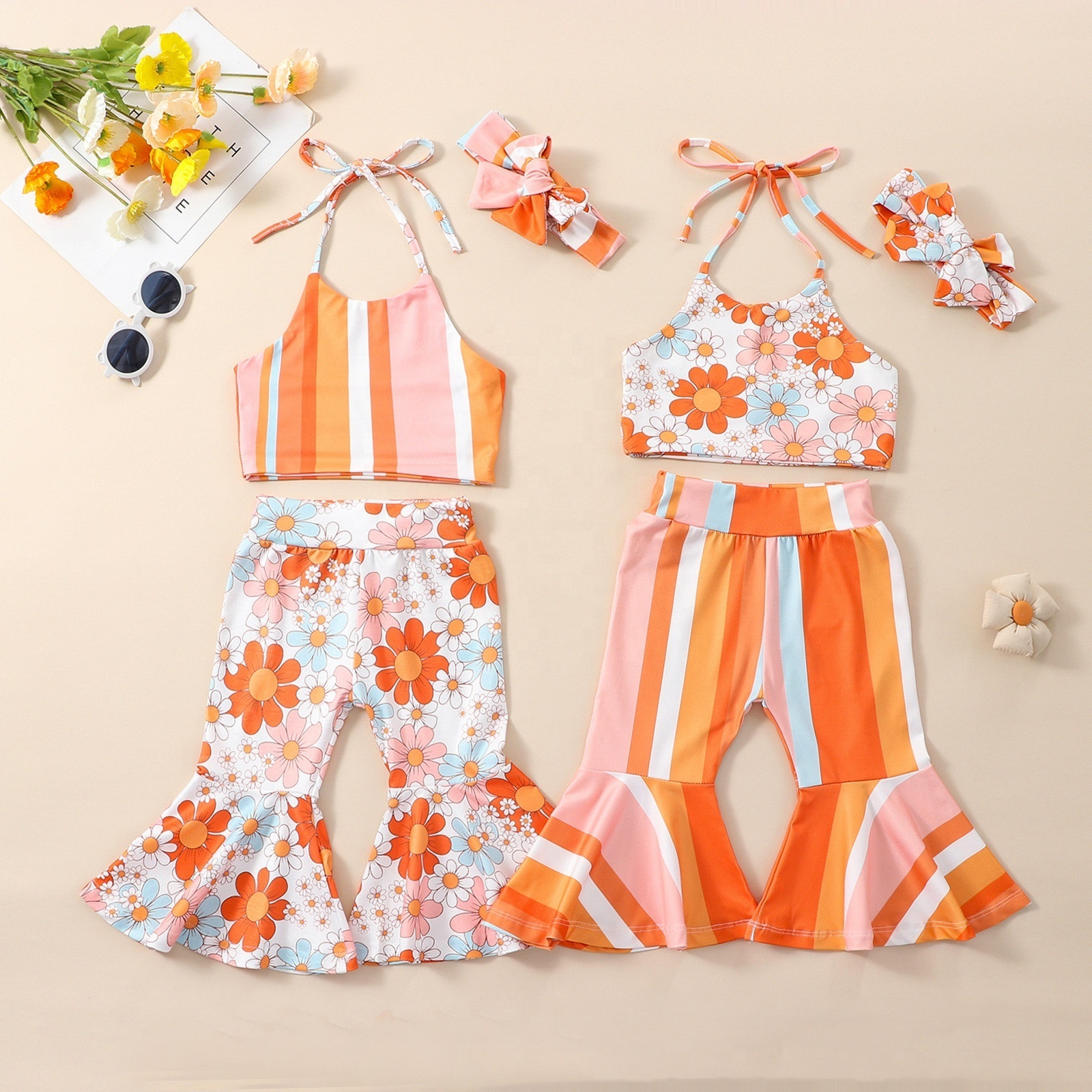 Children Three Piece Hippie Bohemian Style Toddler baby bell bottoms and halter top toddler girls clothing sets