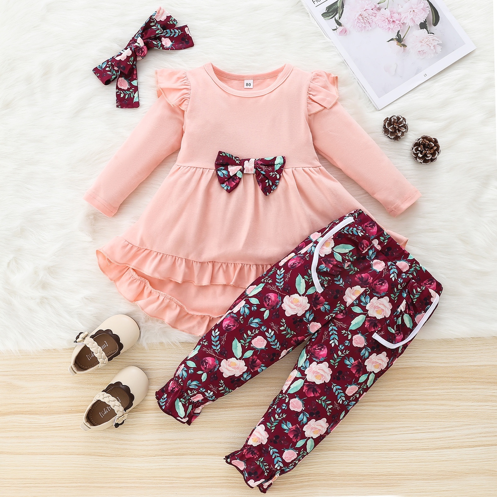 Pink top smocked children clothing kids floral sets wholesale fall girls boutique clothing