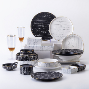 Eco-friendly embossed colored crockery wholesale black and white chinese porcelain dinnerware ceramic dinner set tableware sale