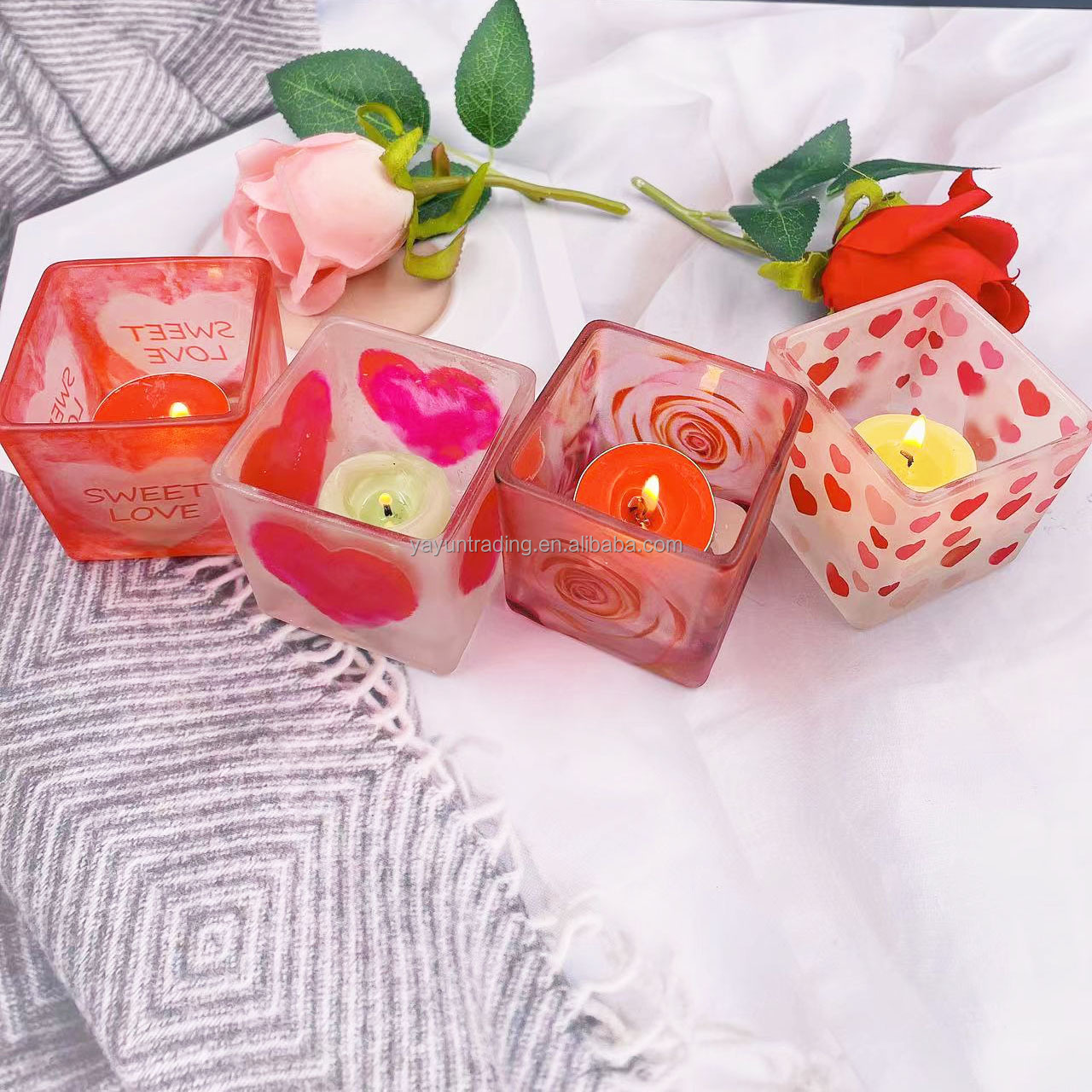 4oz Square Glass Candle Holders Sprayed Matte White With Sweet Pink Heart Romance Glass Candle Jar Wholesale