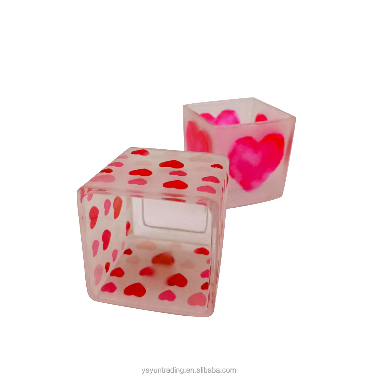 4oz Square Glass Candle Holders Sprayed Matte White With Sweet Pink Heart Romance Glass Candle Jar Wholesale