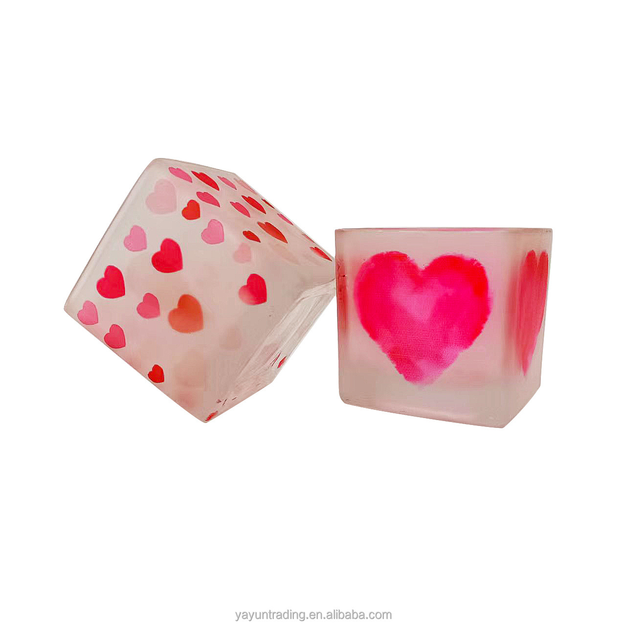 4oz Square Glass Candle Holders Sprayed Matte White With Sweet Pink Heart Romance Glass Candle Jar Wholesale