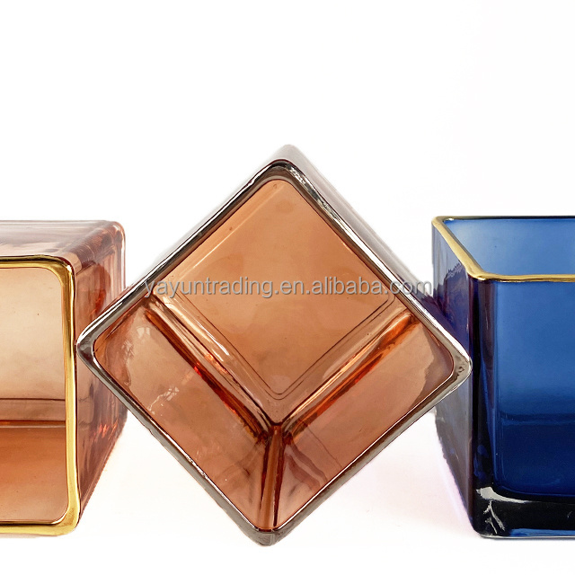 300ml 10oz Custom Square Glass Candle Holders With Gold Rim for Candle Making