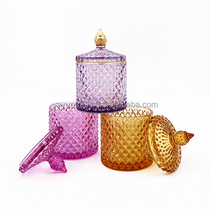 High Quality 10oz Painted Colorful Glass Candle Jars With Glass Candy Jars with Dome Lid Unique Diamond Machine Made