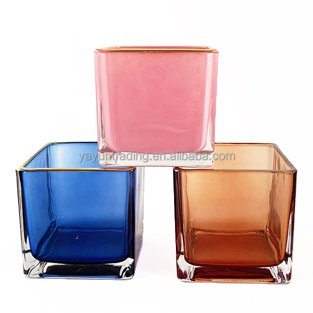 300ml 10oz Custom Square Glass Candle Holders With Gold Rim for Candle Making