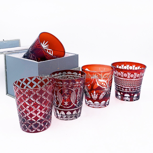 Luxury handmade engraved party glassware wine glasses set for  red wine brandy overlay red drinking glass tumbler