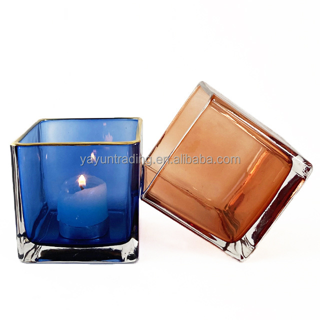 300ml 10oz Custom Square Glass Candle Holders With Gold Rim for Candle Making