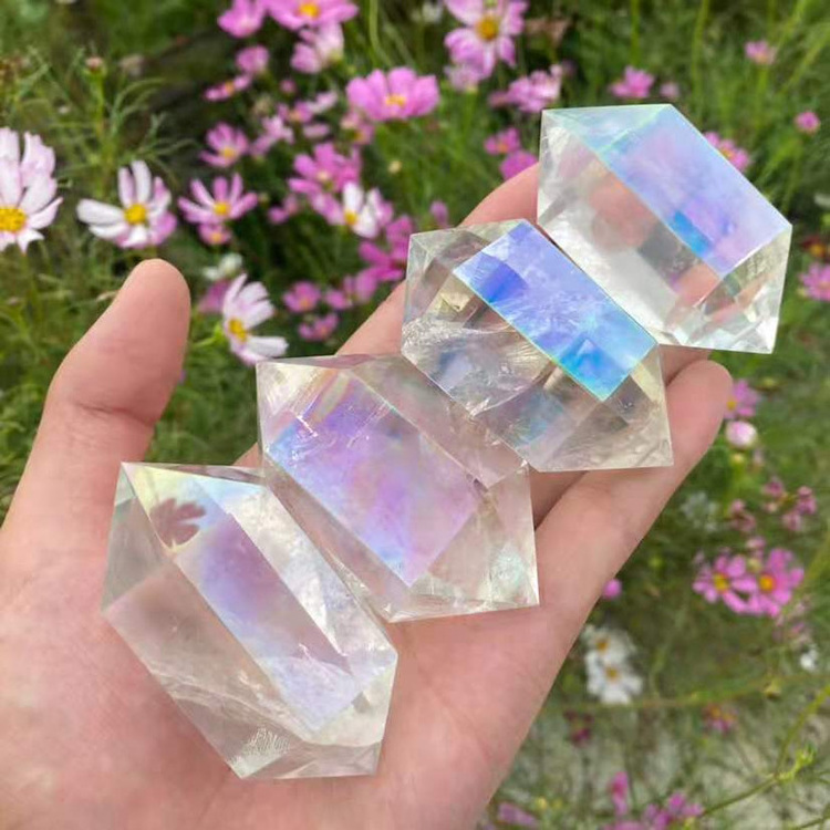 Manufacturer High Quality Natural Angel Aura Fluorite Point Wand Aura Healing Crystal Quartz Colorful Double Tower