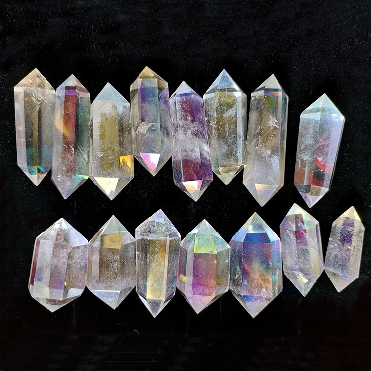 Manufacturer High Quality Natural Angel Aura Fluorite Point Wand Aura Healing Crystal Quartz Colorful Double Tower