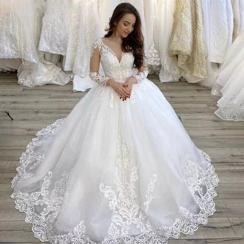 Ball Gown Elegant Wedding Gowns Long Sleeve V Neck Lace Appliques White Ivory Bridal Wedding Dresses