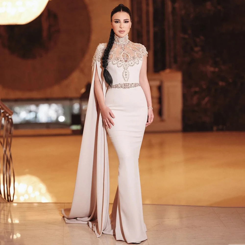 Ivory/Nude Pink Mother Of the Bride Dress High Neck Cape Sleeve Mermaid Evening Dresses Beaded Elegant Gowns