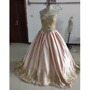 Strapless Sweet Heart Neck Gold Lace Ball Gown Party Dresses Custom Made Quinceanera Dresses