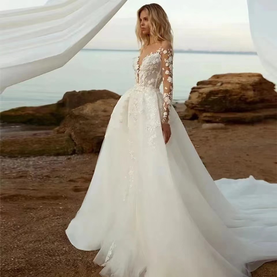 Foreign trade mermaid wedding dress removable tail bride wedding dresses long slim temperament elegant dress