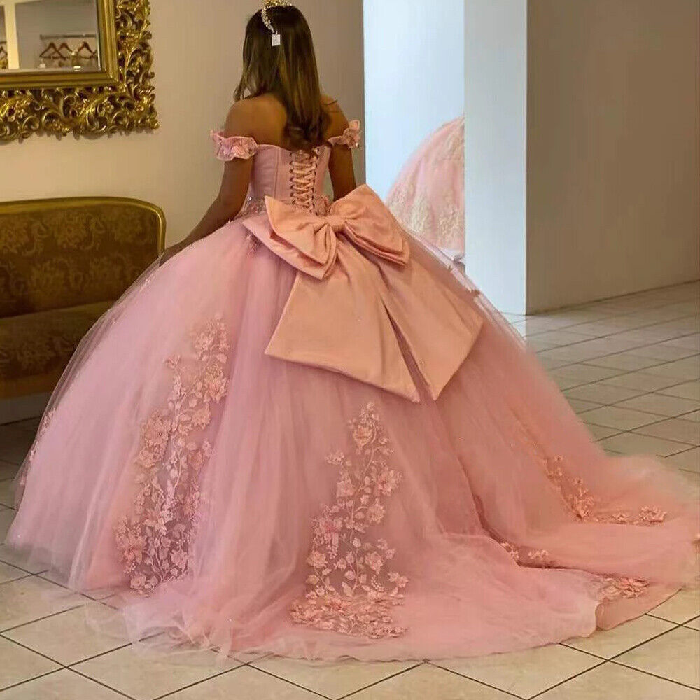 Custom Made Pink Quinceanera Dresses Beaded With Bow 3D Lace Flowers Off Shoulder Sweet 15 16 Ball Gowns