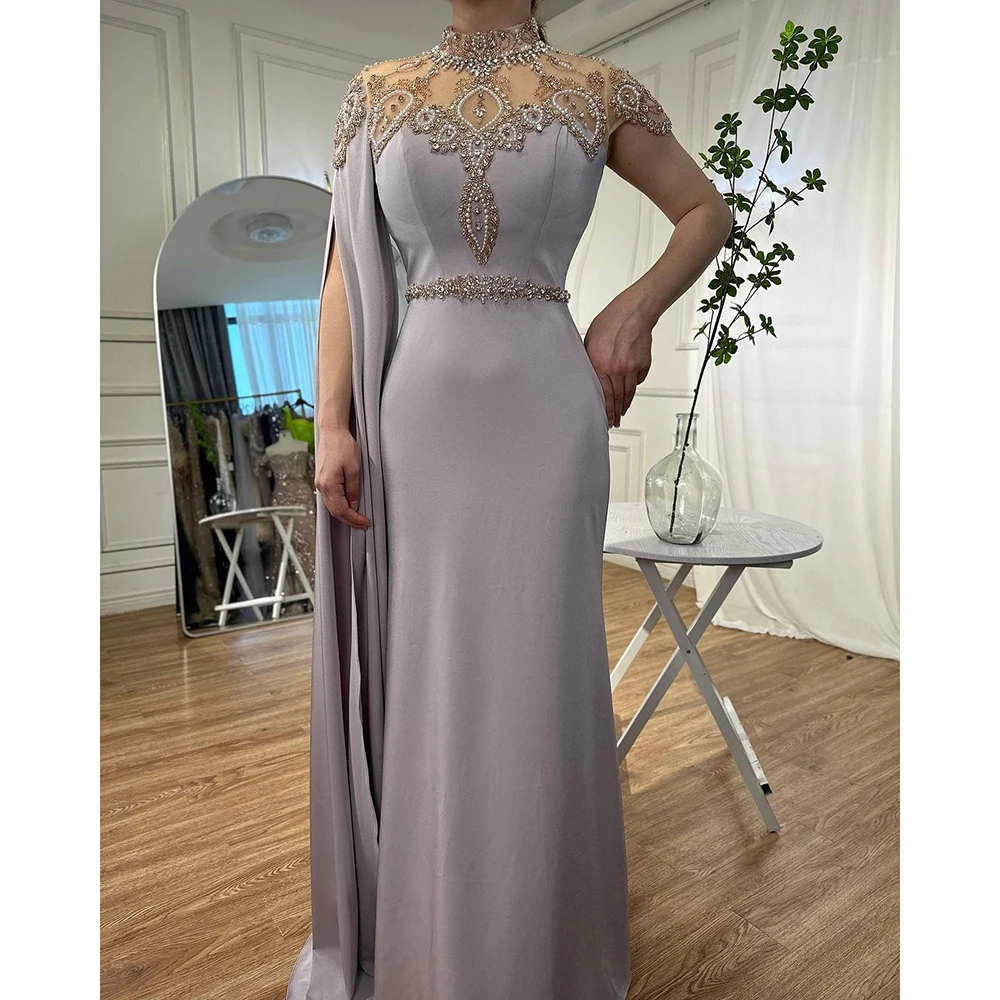 Ivory/Nude Pink Mother Of the Bride Dress High Neck Cape Sleeve Mermaid Evening Dresses Beaded Elegant Gowns