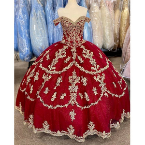 Off Shoulder Beaded Gold Lace Applique Glitter Tulle Ball Gowns Girl's Birthday Dress Burgundy Quinceanera Dresses