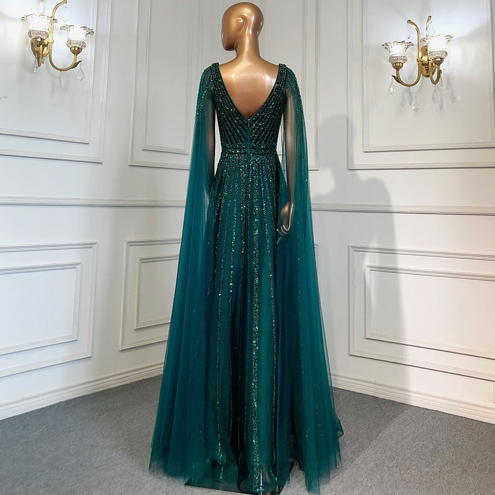 4 Color Nude Green Arabic Luxury Cape Sleeves Evening Gowns A-Line Beaded Sexy 2022 For Women Party Dresses