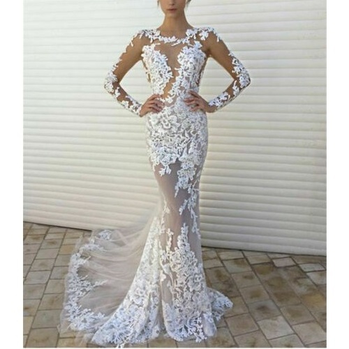 Sexy Sheer Wedding Dresses Long Sleeve Ivory White Lace Applique Mermaid Scoop Neck Bridal Wedding Gowns