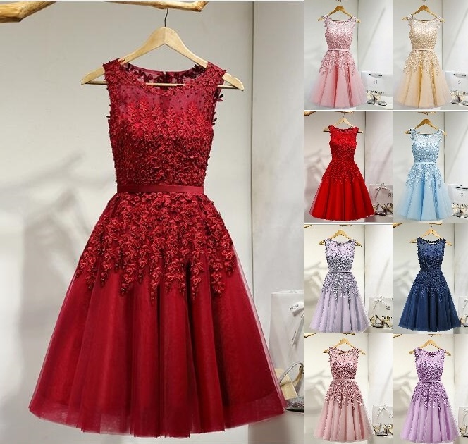 10 Different Color Illusion Neck Beaded Applique Mini Length Bridesmaid Dresses A Line Short Party Prom Dresses