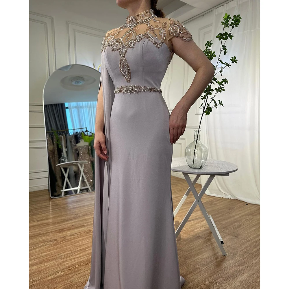 Ivory/Nude Pink Mother Of the Bride Dress High Neck Cape Sleeve Mermaid Evening Dresses Beaded Elegant Gowns