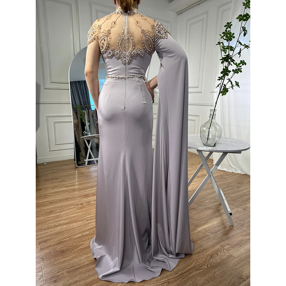 Ivory/Nude Pink Mother Of the Bride Dress High Neck Cape Sleeve Mermaid Evening Dresses Beaded Elegant Gowns