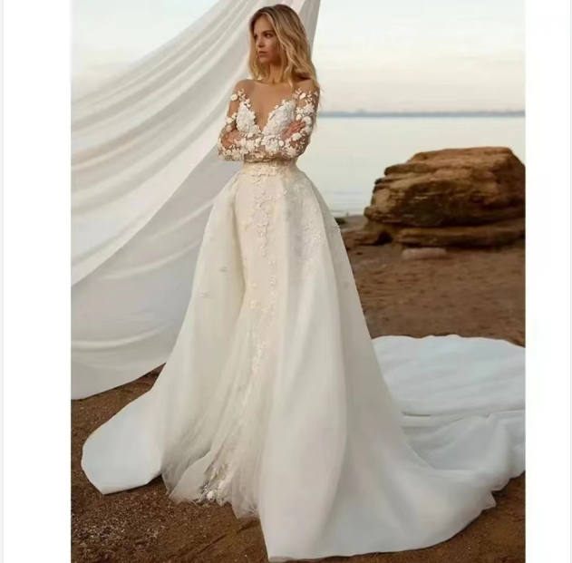 Foreign trade mermaid wedding dress removable tail bride wedding dresses long slim temperament elegant dress