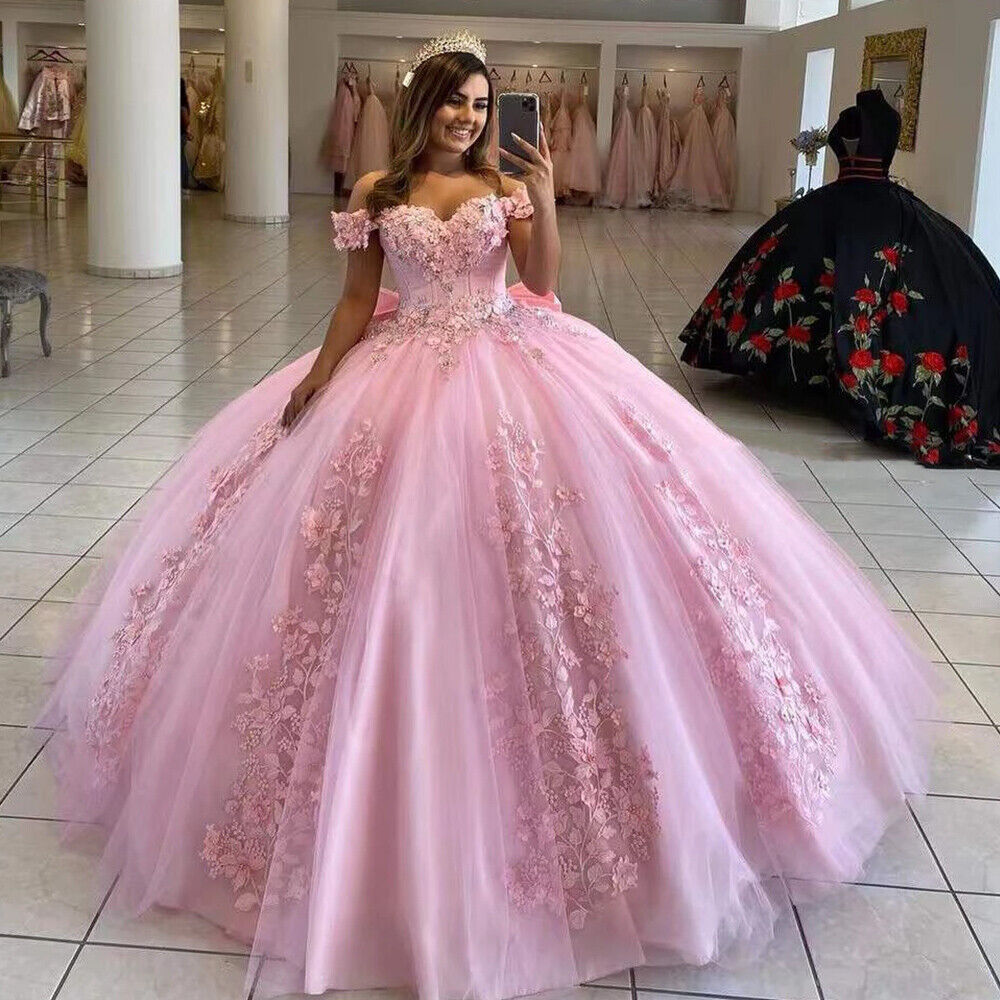 Custom Made Pink Quinceanera Dresses Beaded With Bow 3D Lace Flowers Off Shoulder Sweet 15 16 Ball Gowns