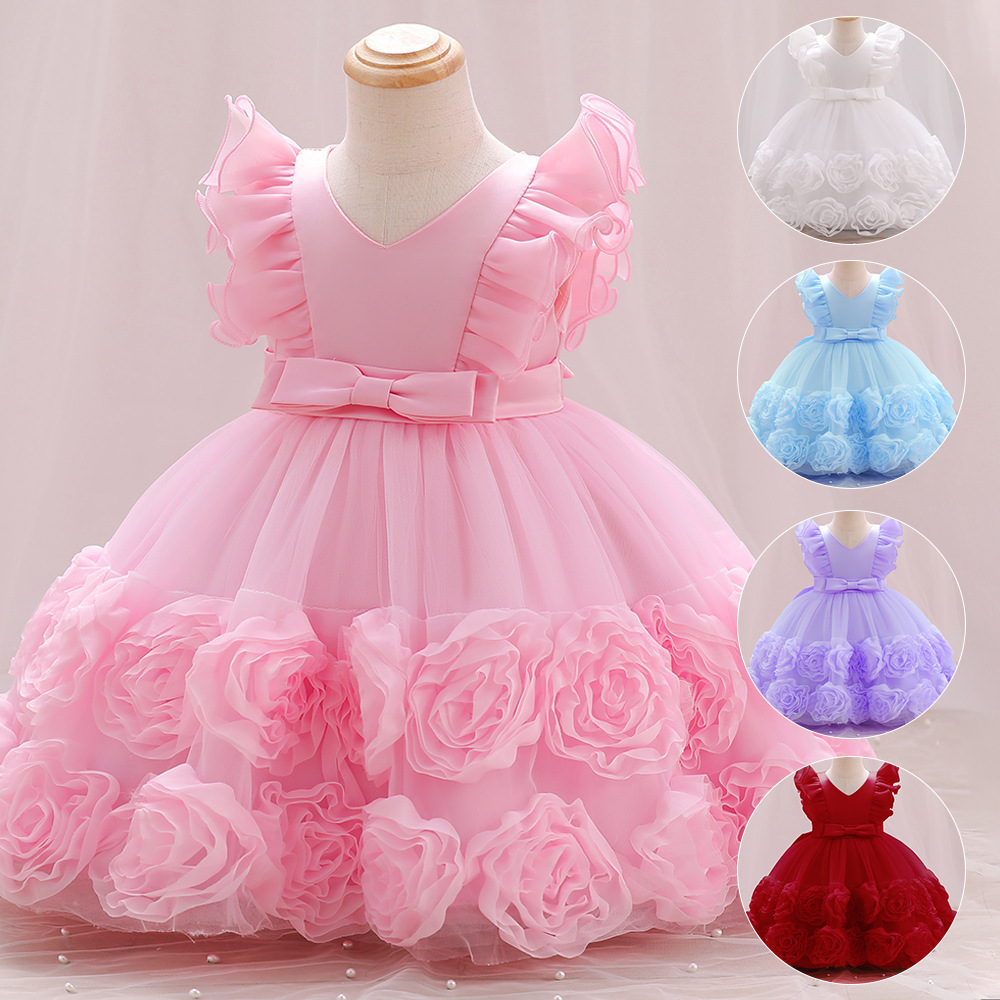 Lilac/Red/White/Blue/Pink Organza Knee Length Birthday Party Dresses Fancy Cheap Puffy Sleeve Flower Girl Dresses