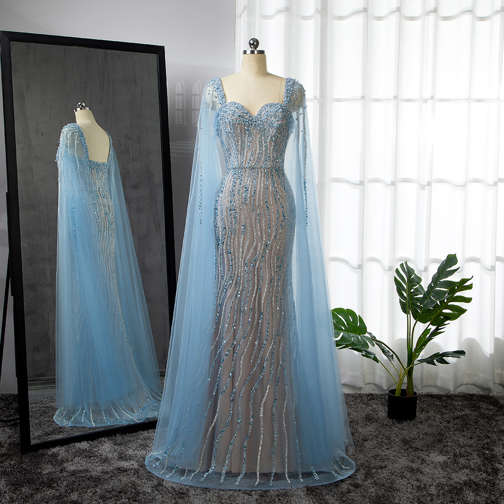 Blue/Wine/Green/Caramel Arabic Luxury Beaded 2023 Prom Gowns Mermaid Cape Sleeves Sexy Evening Dresses