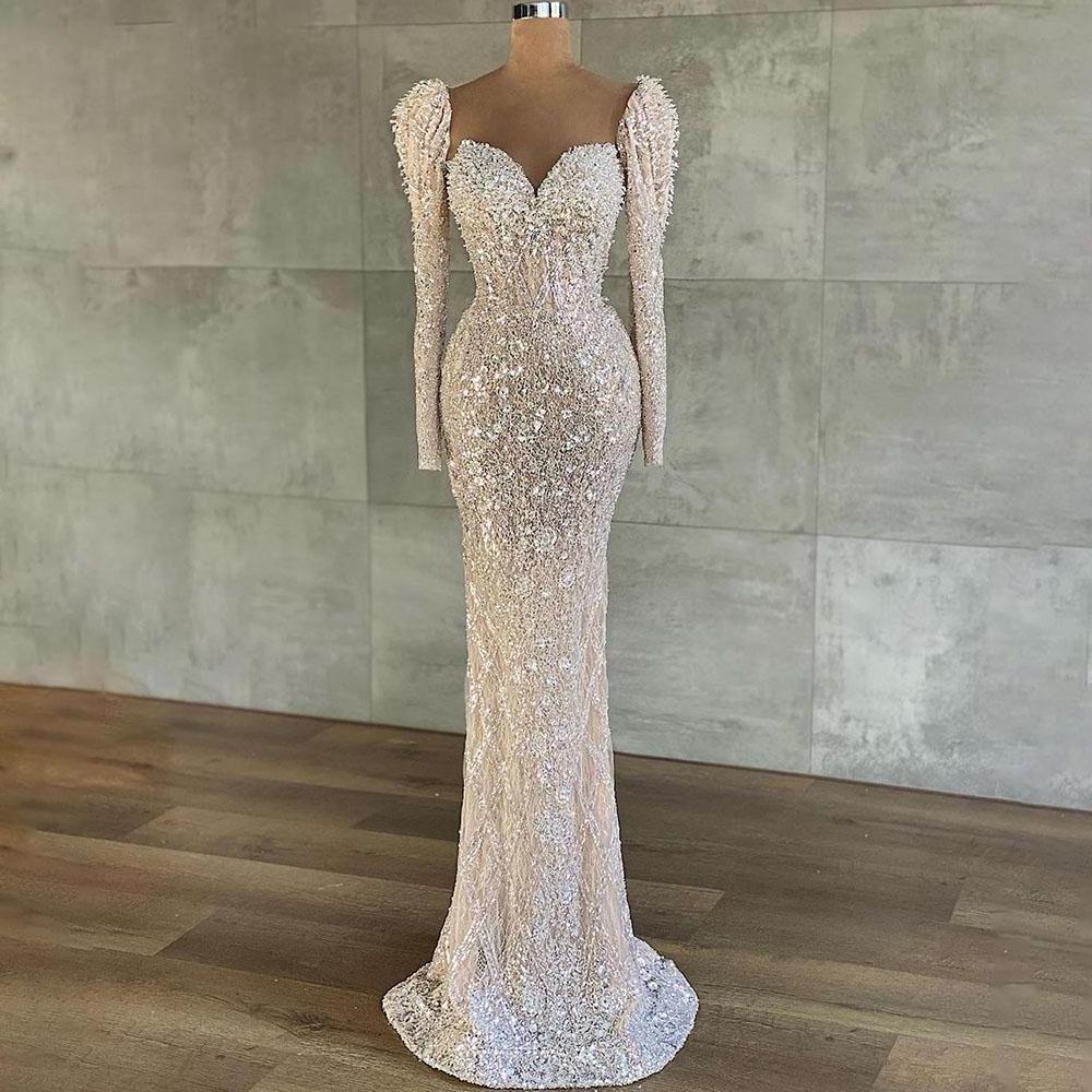 Designer Sparkle Beaded Evening Gowns Long Sleeve 2021 New Luxury Sheath Dubai Prom Party Dresses