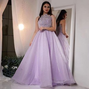 Nude/Lilac Luxury Beading Dubai Evening Dress Long Elegant Scalloped Arabic 2023 Women Formal Prom Dresses