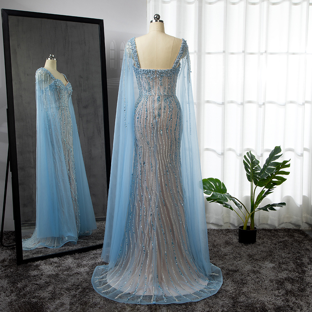 Blue/Wine/Green/Caramel Arabic Luxury Beaded 2023 Prom Gowns Mermaid Cape Sleeves Sexy Evening Dresses