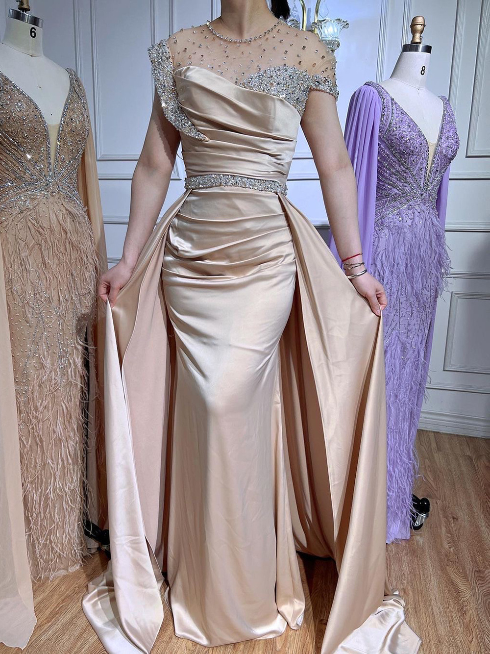 Arabic Nude Mermaid Elegant Satin With Over Skirt Evening Dresses Gowns Luxury Beaded Mother Of The Bride Dresses