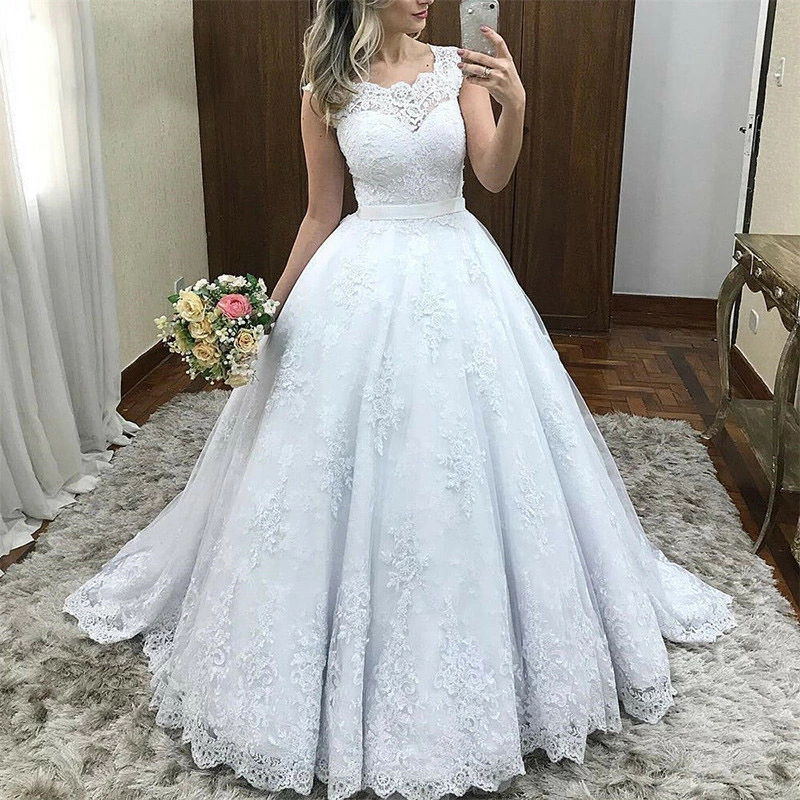 Illusion Neck Beaded Lace Turkish Wedding Dresses Ball Gown Plus Size Islamic Wedding Dresses Hijab