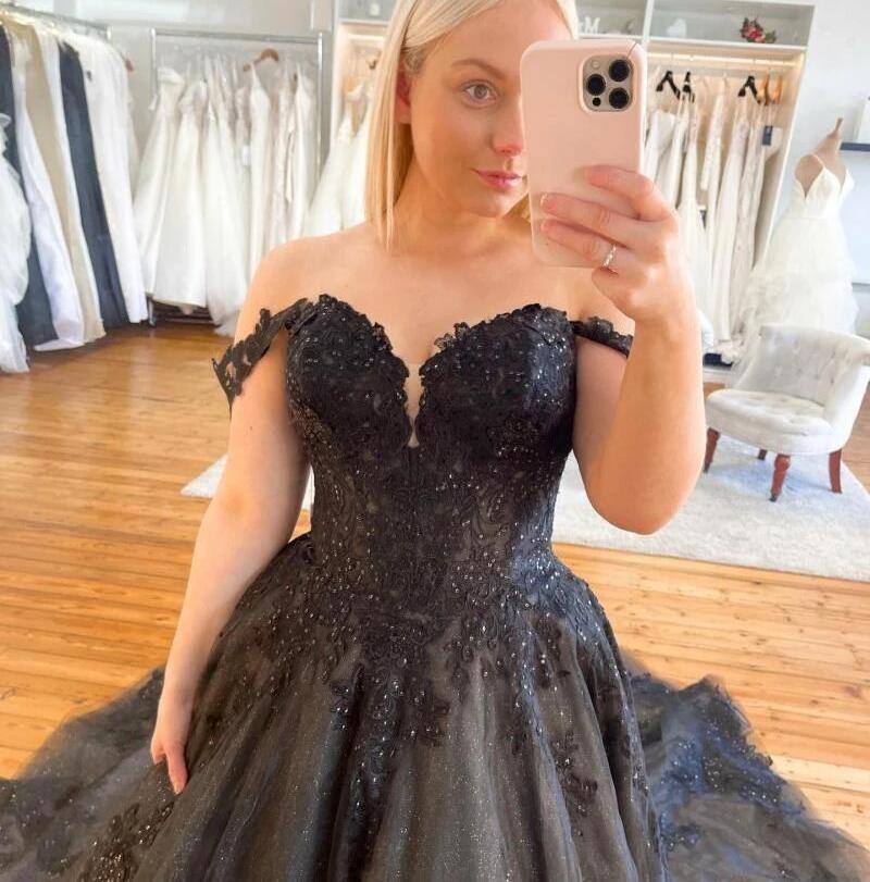 Custom Made Plus Size/Color Black Gothic Wedding Dresses Beaded Off the Shoulder A Line Soft Lace Bridal Gowns