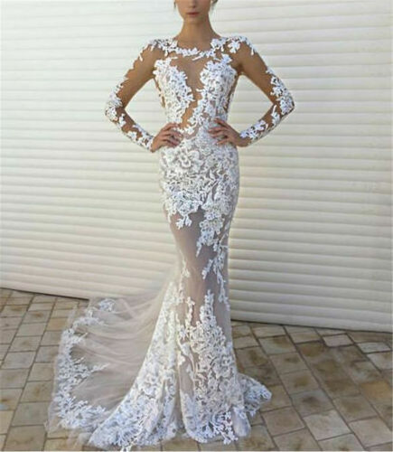 Sexy Sheer Wedding Dresses Long Sleeve Ivory White Lace Applique Mermaid Scoop Neck Bridal Wedding Gowns