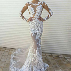 Sexy Sheer Wedding Dresses Long Sleeve Ivory White Lace Applique Mermaid Scoop Neck Bridal Wedding Gowns