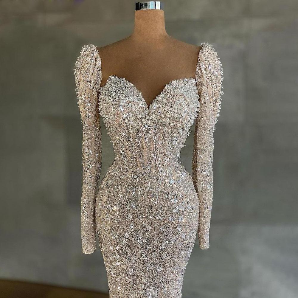 Designer Sparkle Beaded Evening Gowns Long Sleeve 2021 New Luxury Sheath Dubai Prom Party Dresses