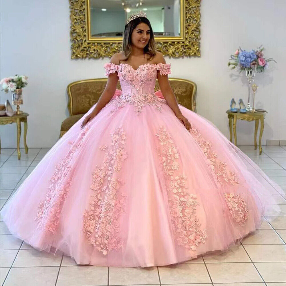 Custom Made Pink Quinceanera Dresses Beaded With Bow 3D Lace Flowers Off Shoulder Sweet 15 16 Ball Gowns