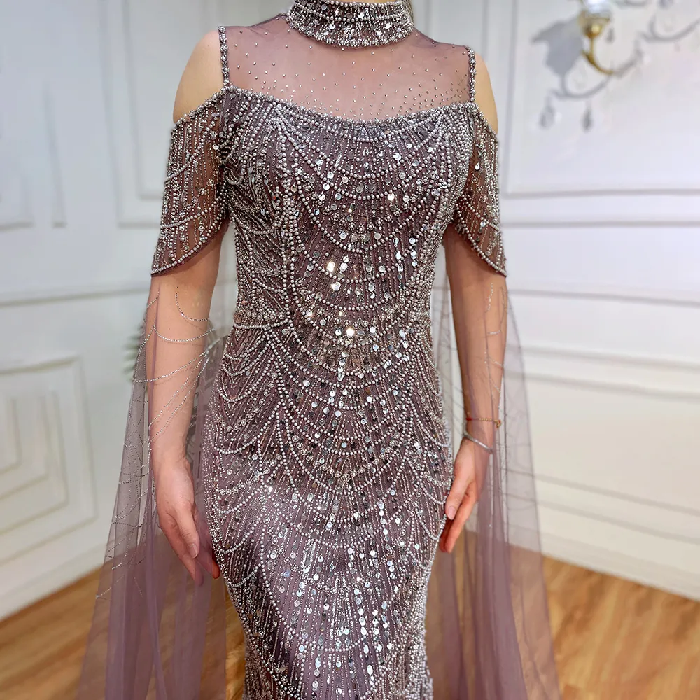 Mint/Purple Arabic Mermaid Cape Sleeves Beaded 2023 Luxury Gowns For Woman Wedding Party Long Evening Dresses