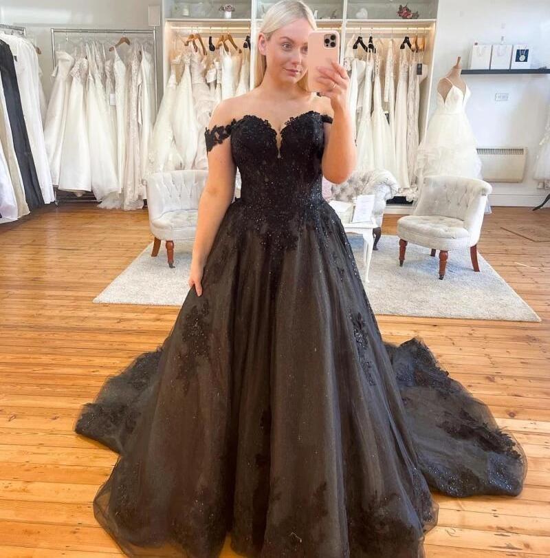 Custom Made Plus Size/Color Black Gothic Wedding Dresses Beaded Off the Shoulder A Line Soft Lace Bridal Gowns