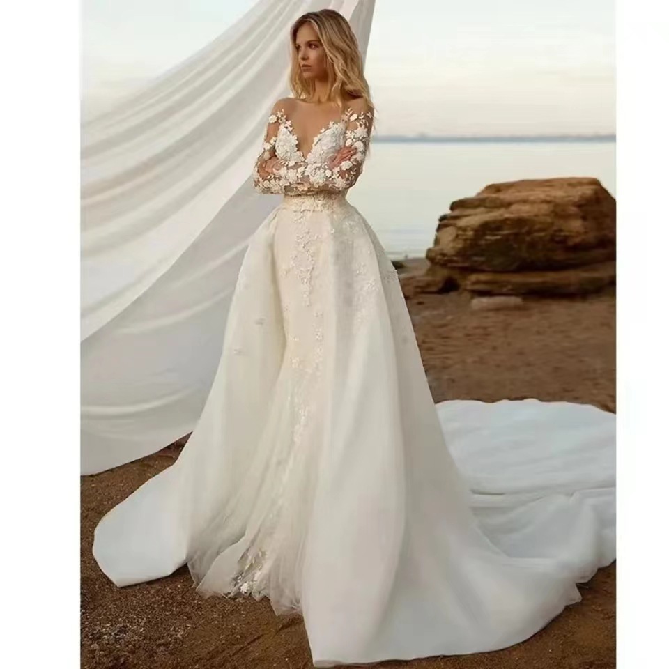 Foreign trade mermaid wedding dress removable tail bride wedding dresses long slim temperament elegant dress