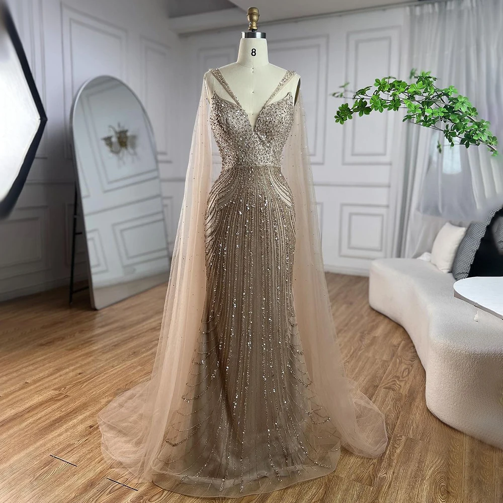 Blue/Caramel Arabic Mermaid Elegant Prom Gowns Cape Sleeves Luxury 2024 Beaded Evening Dresses