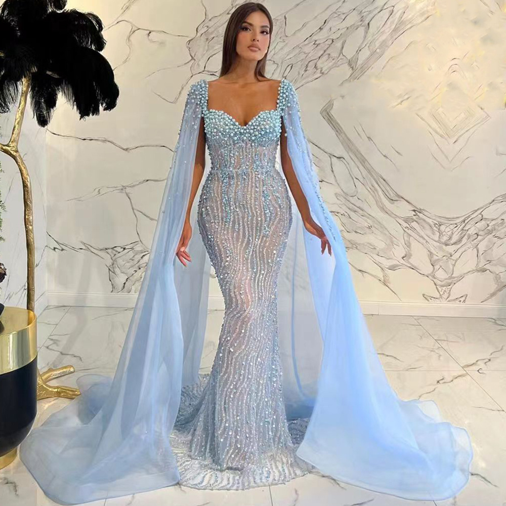 Blue/Wine/Green/Caramel Arabic Luxury Beaded 2023 Prom Gowns Mermaid Cape Sleeves Sexy Evening Dresses