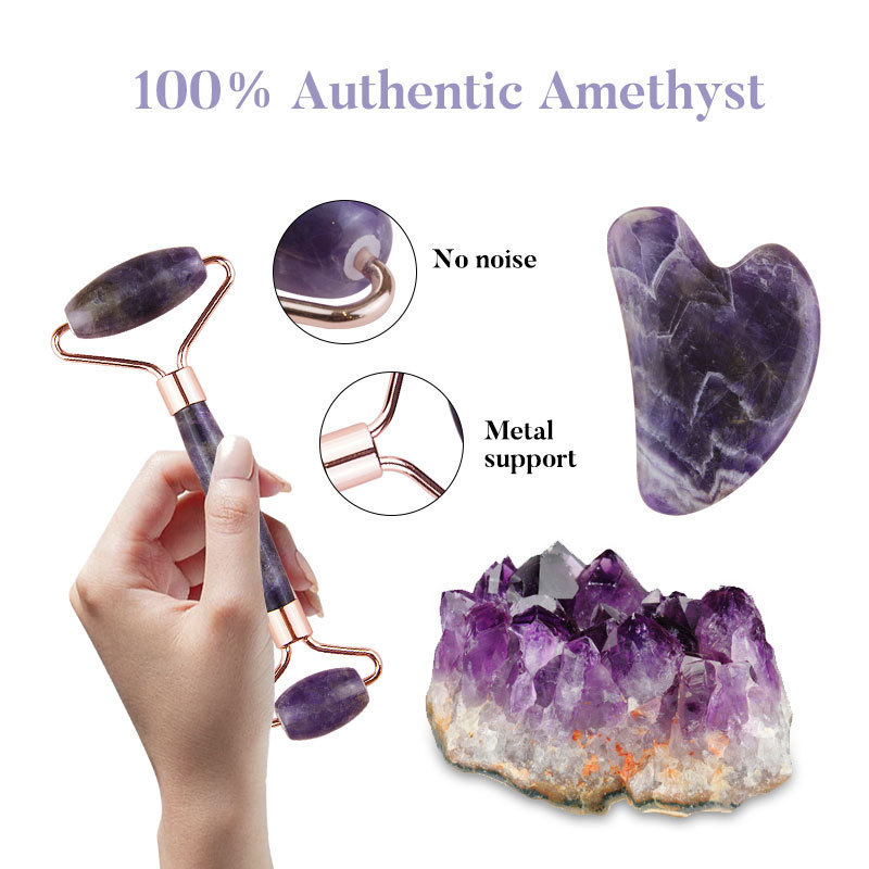 Amethyst Green Pink White Jade Heart Shaped Gua Sha Stone and Face Roller Crystal Guasha set