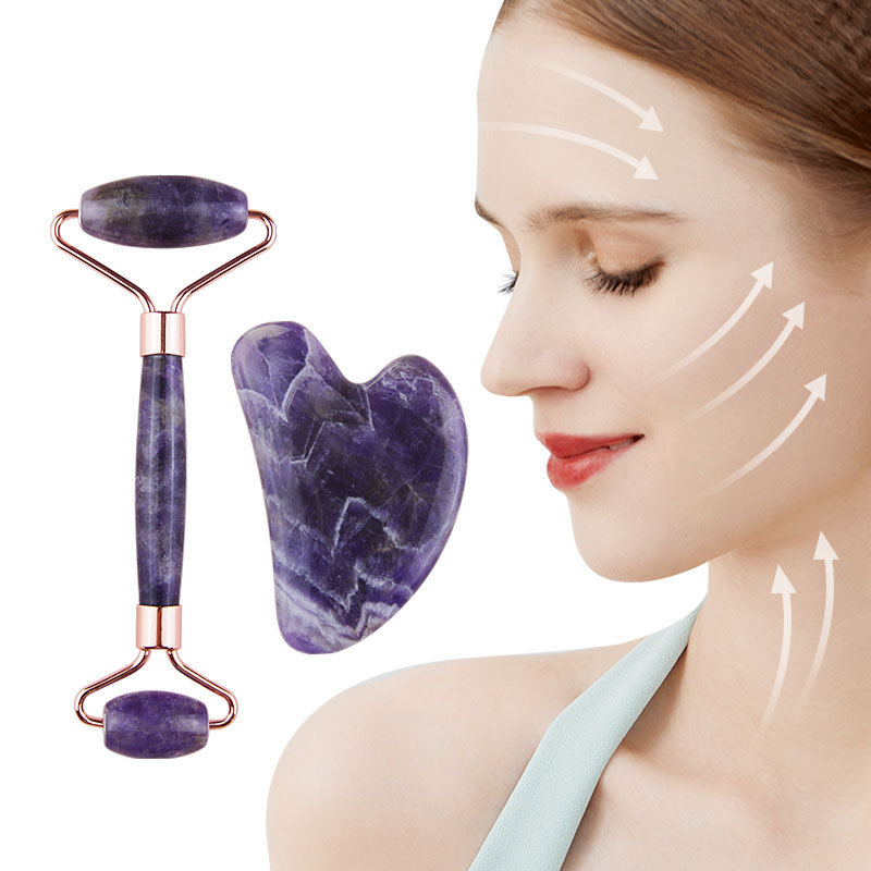 Amethyst Green Pink White Jade Heart Shaped Gua Sha Stone and Face Roller Crystal Guasha set